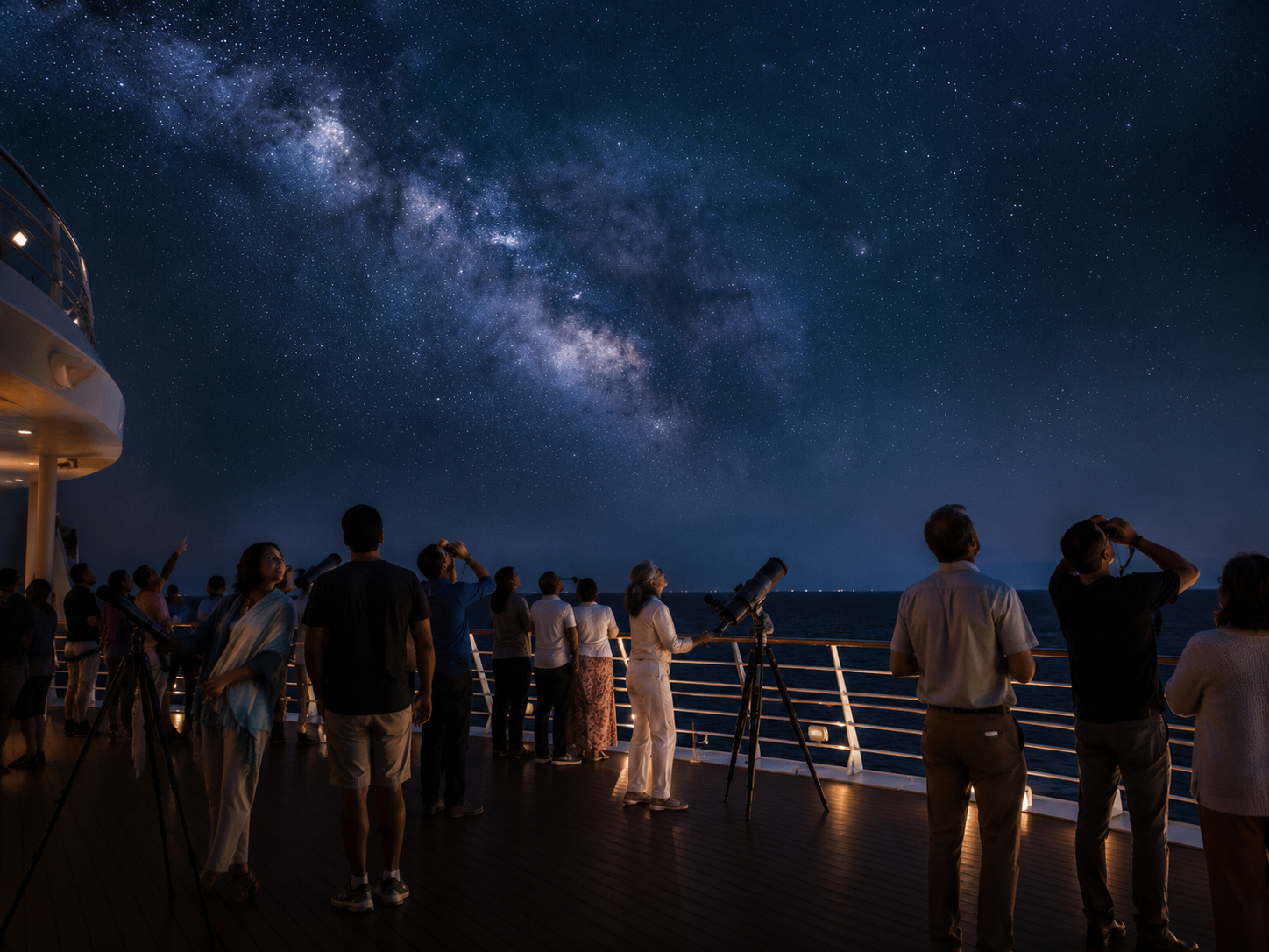 Guests enjoying astronomy and guided stargazing during a hotel or cruise residency