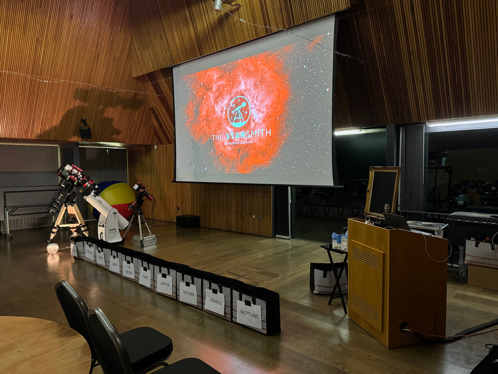 A venue prepared for an astronomy presentation